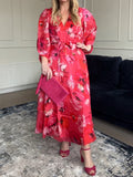 Printed V Neck Belted Midi Dress