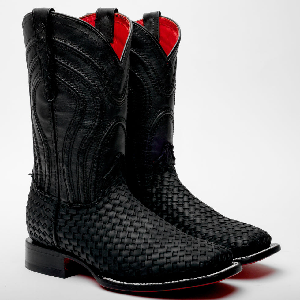 Black Basketweave Leather Boots