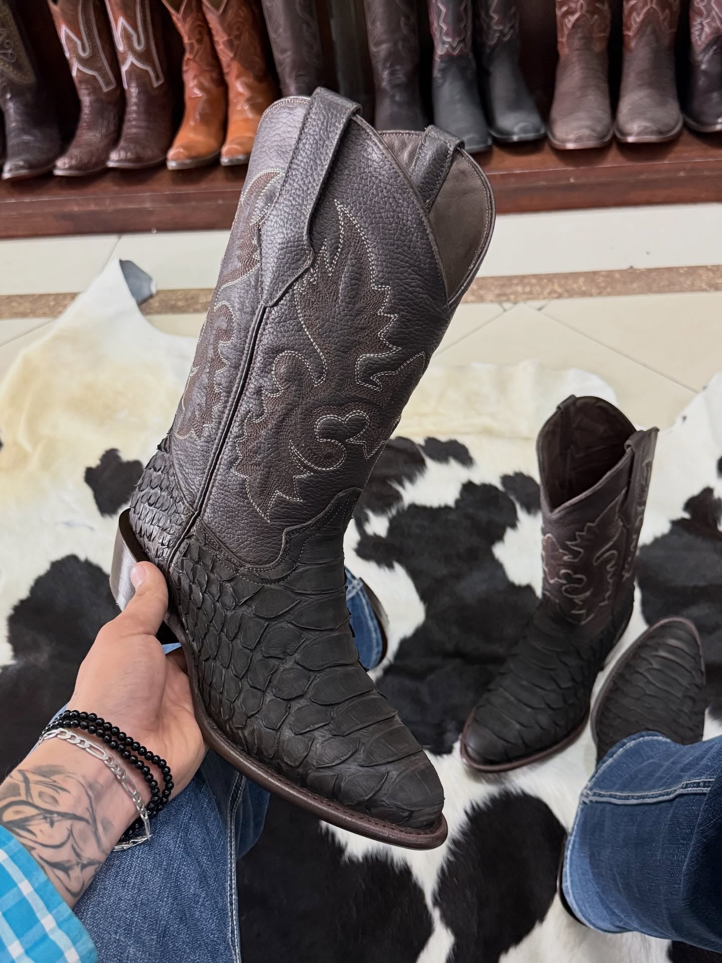 Artfully Embroidered Python-Print Boots