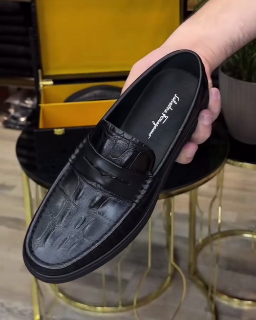 Black Croc-Embossed Leather Penny Loafers