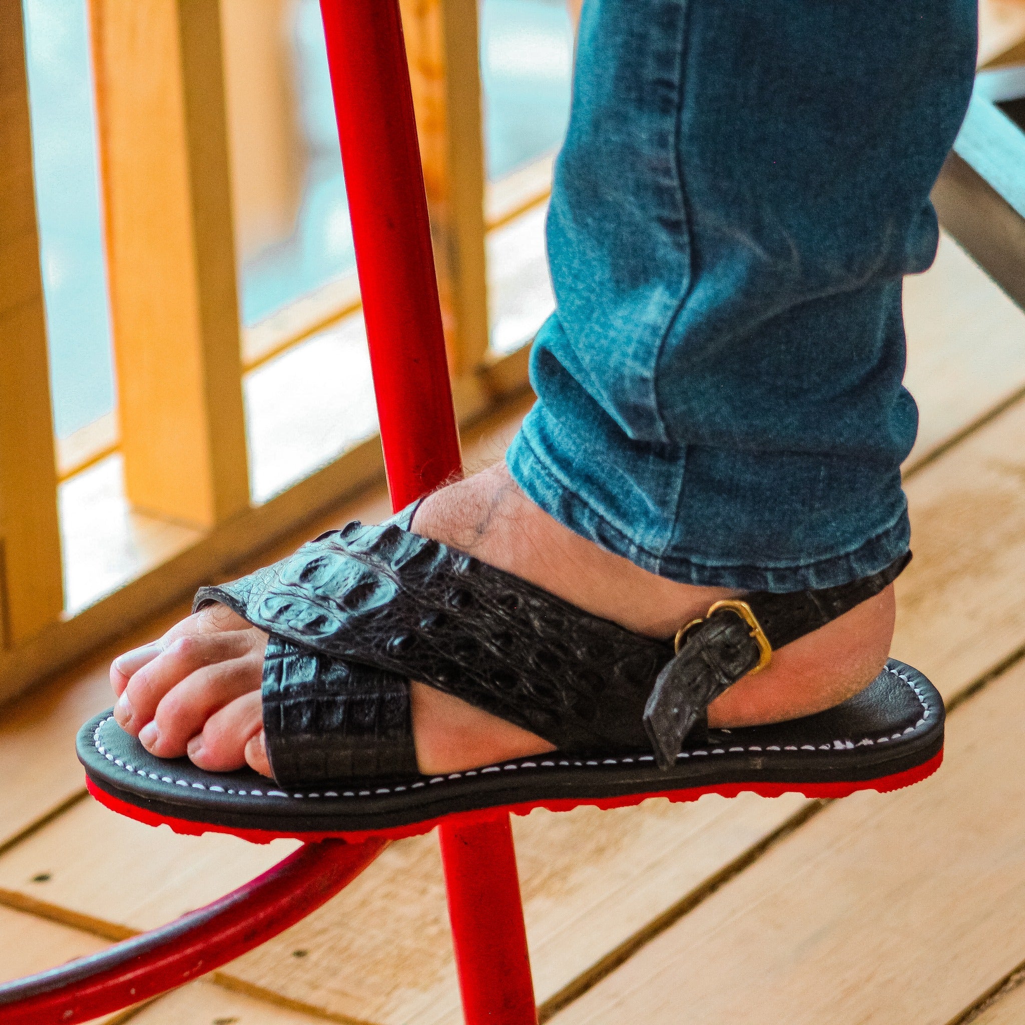 Black Crocodile-embossed Leather Cross Strap Red-soled Sandals