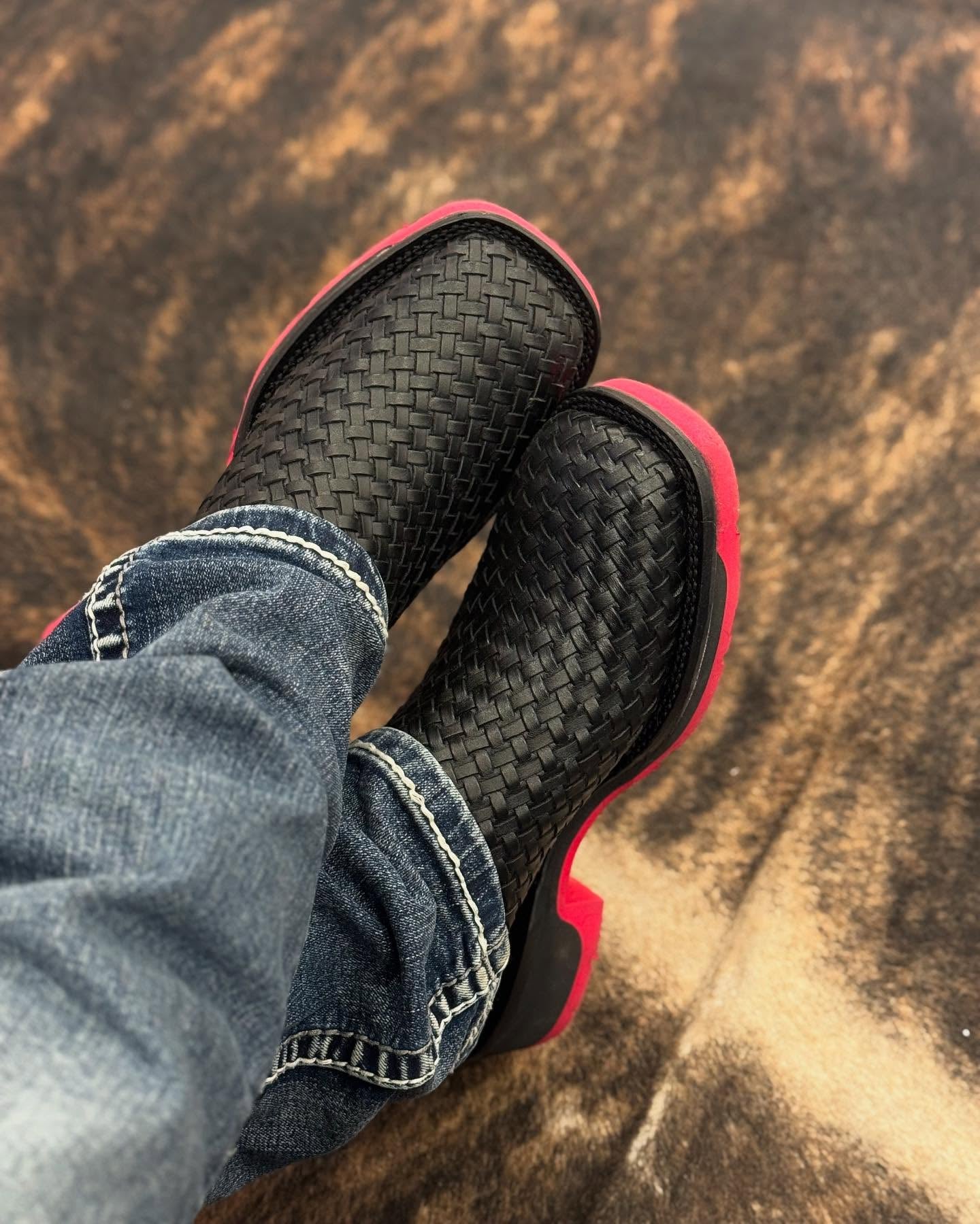 Black Woven Leather Cowboy Boots