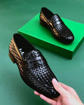 Men's Black Woven Leather Penny Loafers