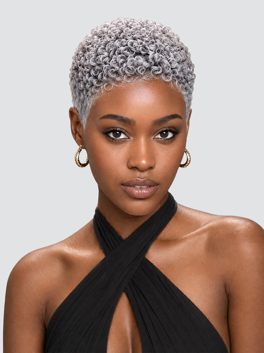 Pixie wig short cut Afro Curly Salt