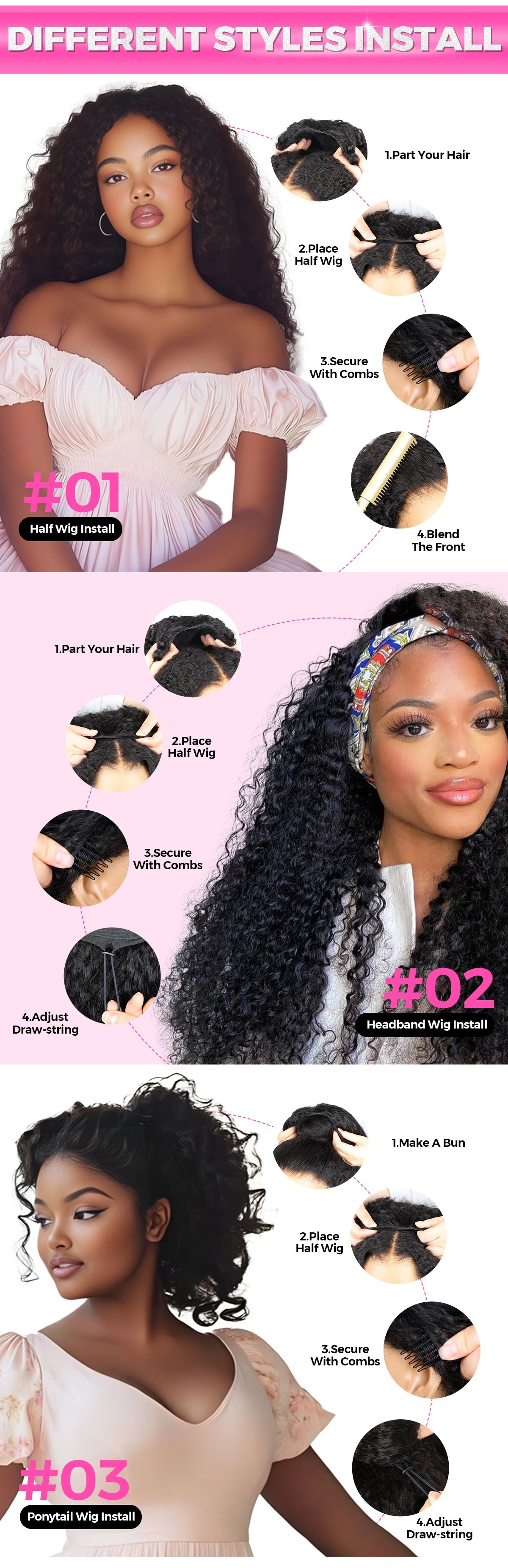 3 In 1 Half Wig Kinky Curly Glueless