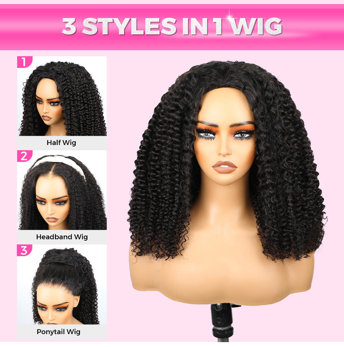 3 In 1 Half Wig Kinky Curly Glueless