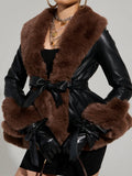 Faux Fur Trim Peplum Belted Coat(✔️Free Shipping)