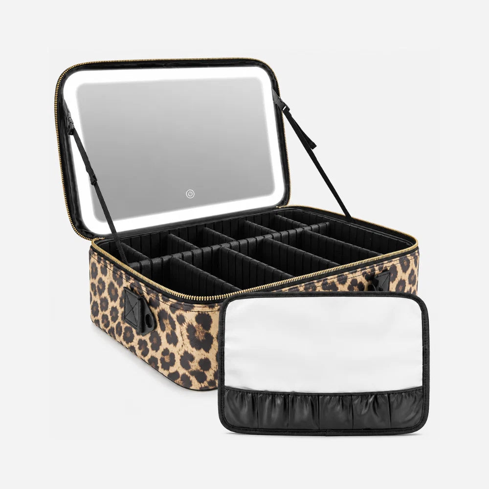 Leopard Print Makeup Case with Mirror & Dimmable LED Lights