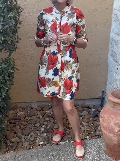 Band Collar Printed Elbow Length Sleeve Dress