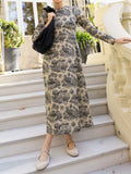 Elegant Printed Long Sleeve Round Neck A- Line Dress