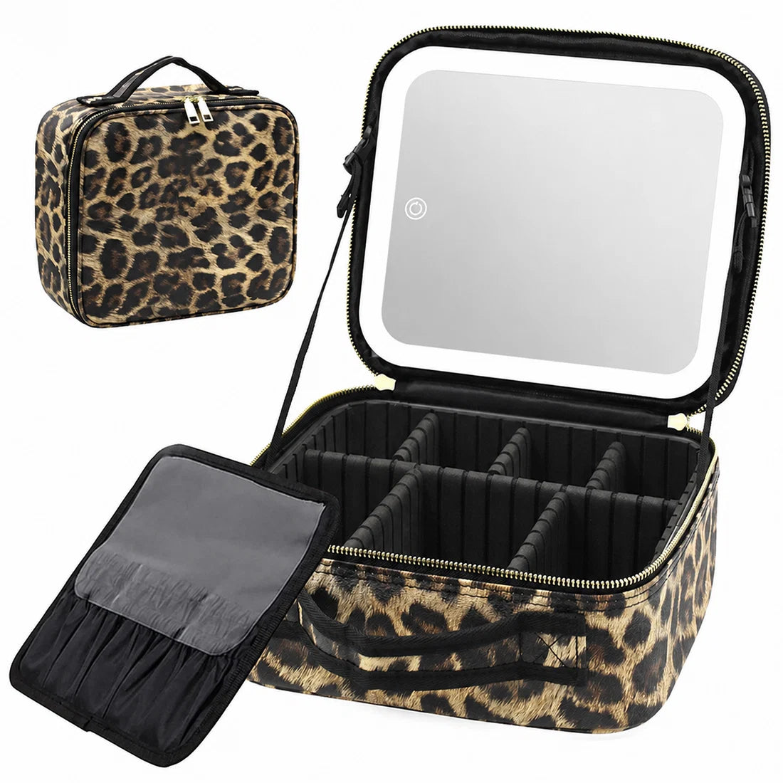 Leopard Print Makeup Case with Mirror & Dimmable LED Lights