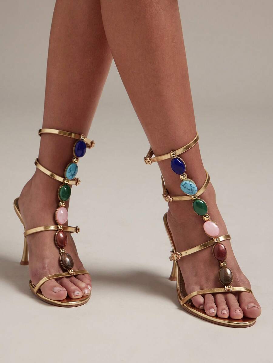 Gemstone Decor Heeled Sandals