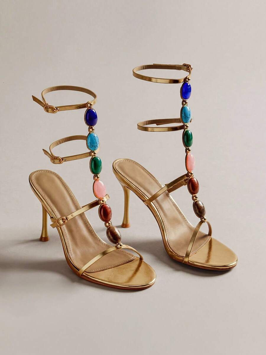 Gemstone Decor Heeled Sandals