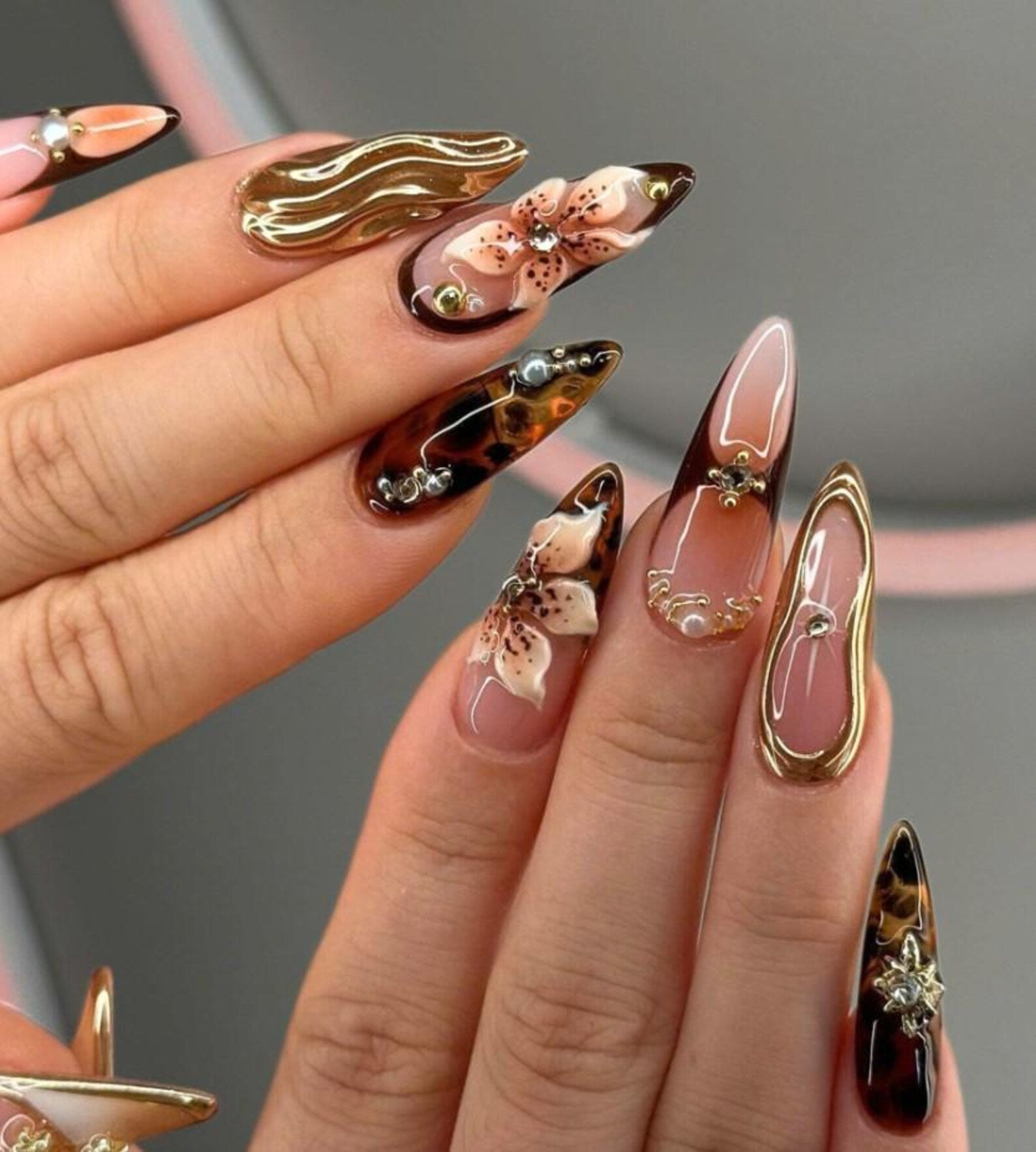 Crystal 3D Flower Brown Nails Press On Nails