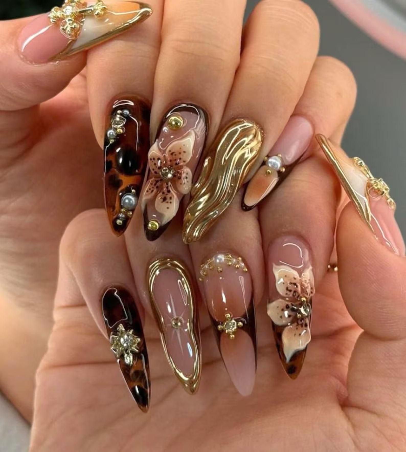 Crystal 3D Flower Brown Nails Press On Nails
