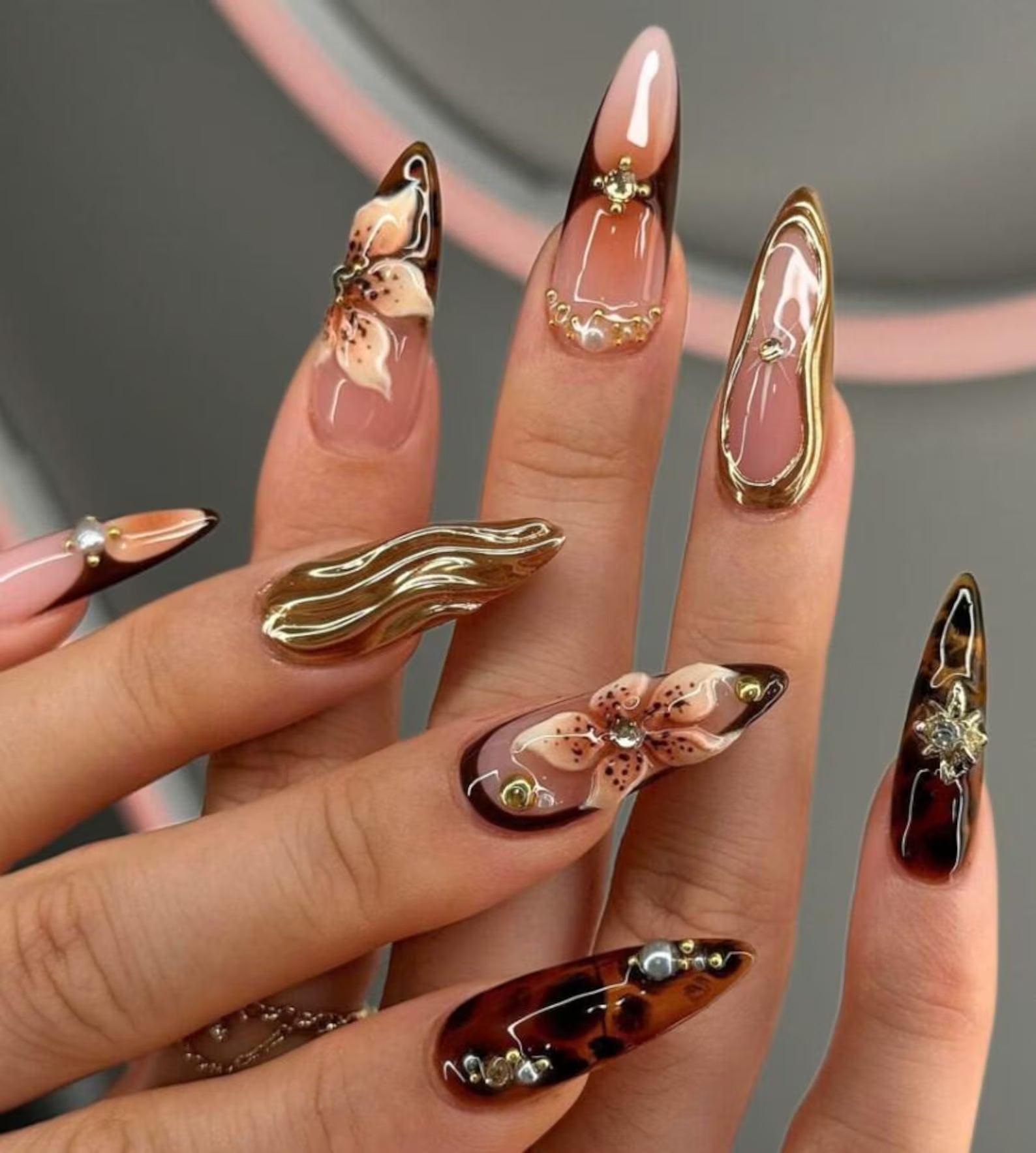Crystal 3D Flower Brown Nails Press On Nails