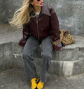Solid Square Collar Leather Jacket