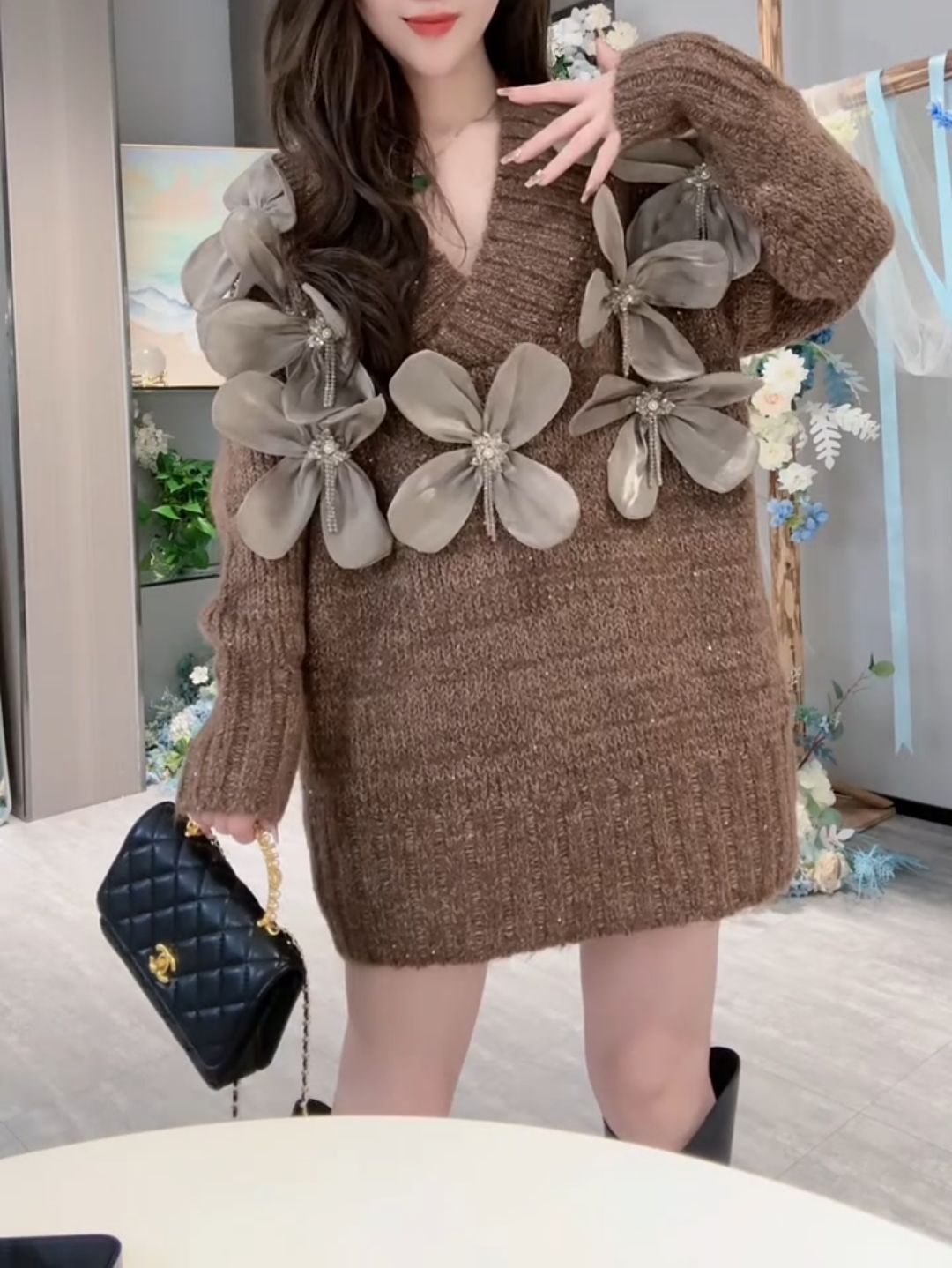 Women's Diamond-encrusted Three-dimensional Flower Sweater